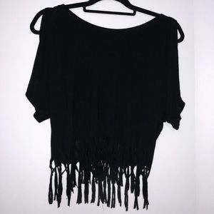 Fringed Bottom Black Crop Top with Shoulder Cutout